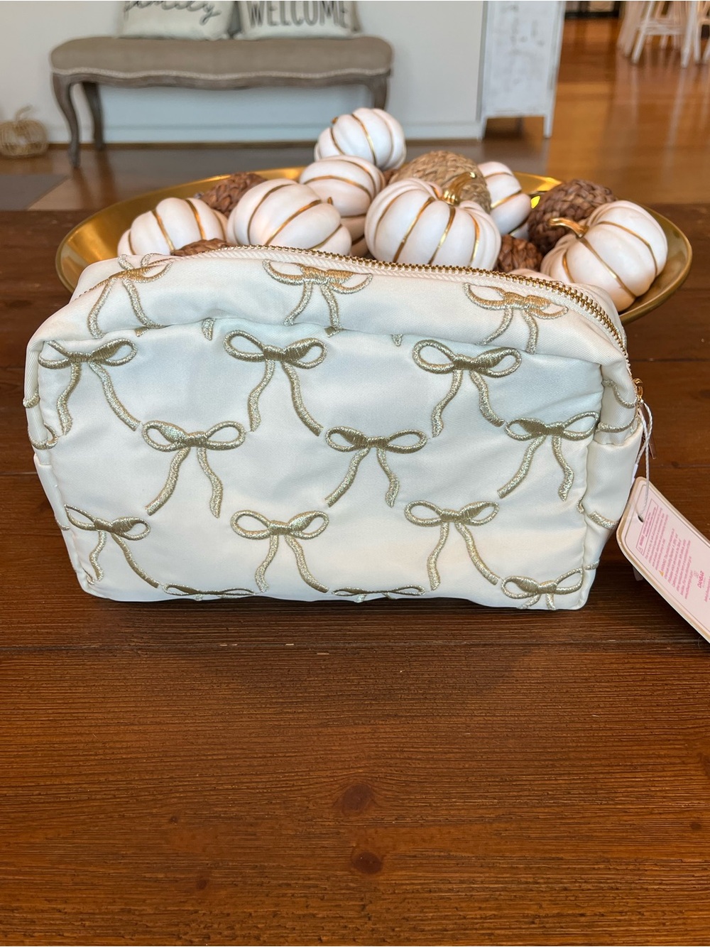NWT Gloss and Glo Cream Bow-Embroidered Cosmetic Pouch with Gold Accents